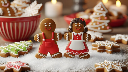 Adorable gingerbread couple stands happily on white sugar snow surrounded by festive holiday baked treats