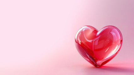 Glossy red heart on soft pink gradient background with copy space