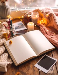 setup with open notebook, colorful pens, 