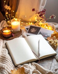 setup with open notebook, colorful pens, 