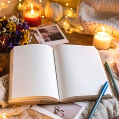 setup with open notebook, colorful pens, 