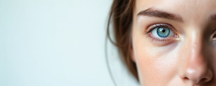 Close up of young woman face, showing piercing blue eye and flawless skin. Natural beauty focus on iris, pupil, and eyelashes. Concept for vision care.