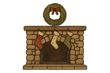 Obraz premium Christmas stone fireplace with hung stockings and decorative wreath, celebrating winter holidays and cozy home decor