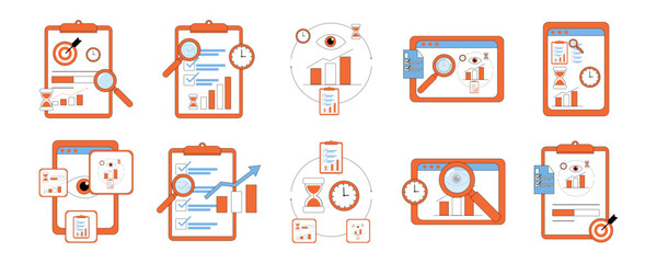 Obraz premium Business analysis, time management, and project planning vector icons. Flat line illustrations for strategy, data, goals, and workflow optimization.