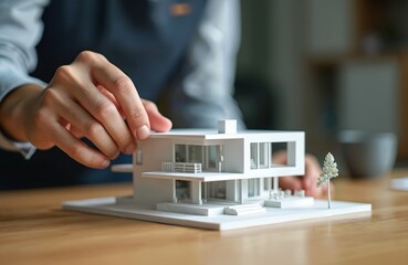 Architectural model of a modern house on table. Hands adjust miniature building design. Detailed scale replica for planning real estate projects, construction development, or home design.