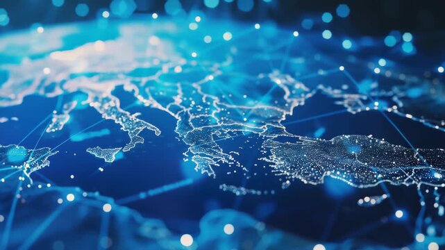 Stylized globe map with blue glowing nodes representing a digital network and connectivity.