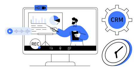 Online learning, business communication, digital marketing, remote work, customer management, productivity. Man giving a presentation on a screen with graphs and icons. Business communication