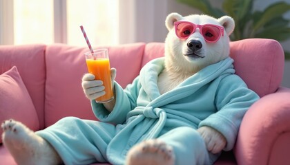 Polar bear in blue robe and pink sunglasses sips orange juice on pink sofa. Animal relaxes indoors with a refreshing beverage, enjoying its leisure time.