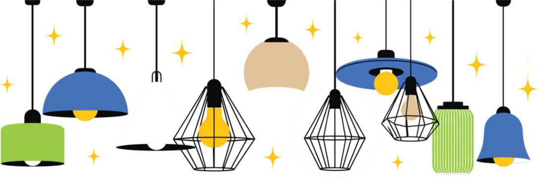 Modern hanging lamp vector set featuring various pendant light designs with glowing bulbs and decorative interior lighting elements