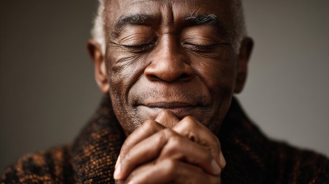 portrait of an elderly Black man with eyes closed and hands folded, expression of calm faith and resilience, warm side light, clean neutral background