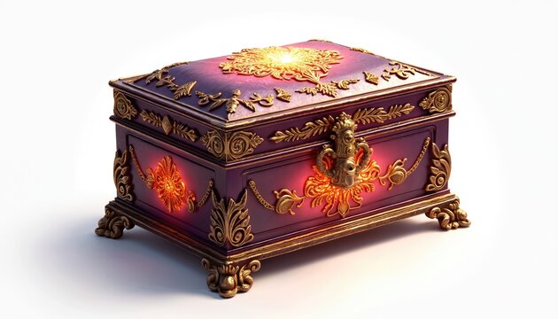 Ornate jeweled box with glowing lights sits on white background. Rich gold trim decorates deep purple chest, ideal for fantasy game asset or luxury item.
