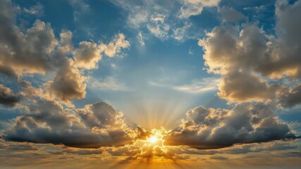 Golden sunrise cloud sky sunlight ray morning horizon with radiant sunburst and fluffy cloudscape - Powered by Adobe