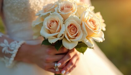 Bride holds cream roses bouquet, displays diamond engagement ring on wedding day. Elegant woman hands in white lace sleeves hold flowers. Marriage celebration detail, soft golden hour light.