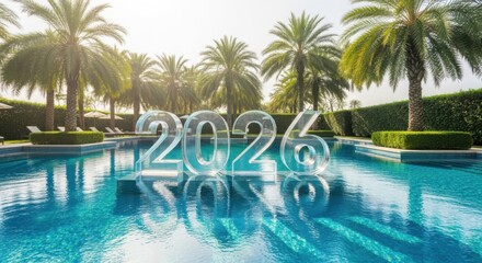 Fototapeta premium Clear 2026 numbers floating in a luxury swimming pool, isolated on transparent background