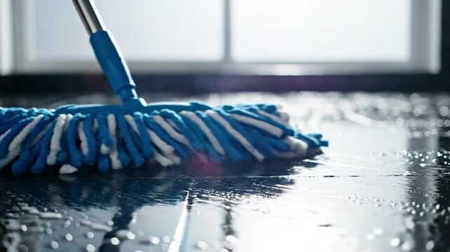 Blue mop cleaning wet dark tiled floor with water droplets and bright backlight