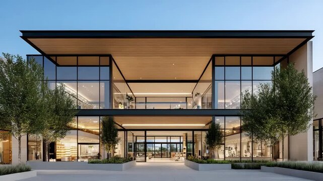 Modern glass commercial building with warm wood ceiling, evening glow and open lobby plaza