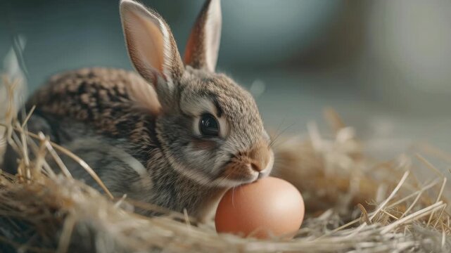 An adorable baby rabbit sitting in a straw-filled nest, holding an egg with its mouth.