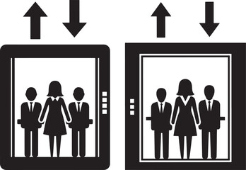 Two elevators with people inside silhouette