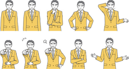スーツの中年男性・上半身・ポーズ差分・表情差分・10種セット（シンプル）