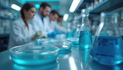 Scientists in lab coats examine petri dishes with blue liquid. Researchers work with flasks and scientific tools in a modern lab setting for medical research.
