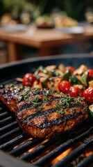 Close-up of juicy grilled steak and colorful vegetable skewers cooking on a barbecue grill, evoking a warm and festive outdoor dining atmosphere.
