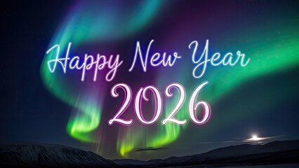 Festive greeting image prominently displays the text happy new year 2026 written in glowing neon script centered against a dramatic backdrop of the aurora borealis displaying brilliant green and purp