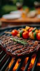 Close-up of a perfectly grilled steak garnished with rosemary and a colorful vegetable skewer sizzling over a fiery outdoor barbecue, evoking a festive summer mood.