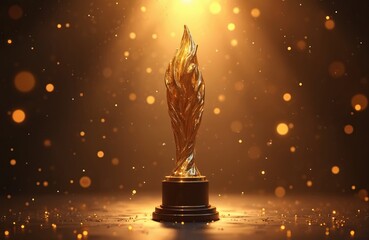 Golden trophy on dark podium with sparkling lights and confetti. Represents achievement, victory, and excellence in any competition or award ceremony.
