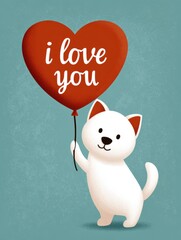 Adorable cartoon white dog holds a red heart-shaped balloon with 'i love you' text, creating a sweet and playful mood perfect for romantic or affectionate greetings.