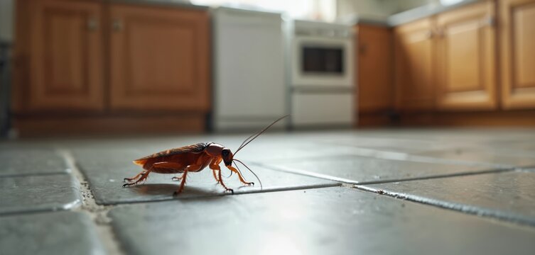 A large cockroach walks across a tiled kitchen floor. Blurred cabinets and appliances create a domestic backdrop. It highlights pest issues and the need for home cleaning.