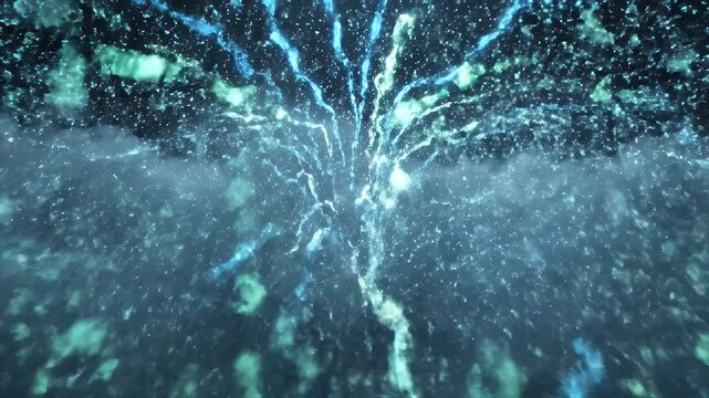 Abstract digital rain of binary code over a cloudscape background.