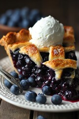 A delicious slice of homemade blueberry pie topped with vanilla ice cream, featuring a golden lattice crust and fresh blueberries, styled on a rustic wooden table for a cozy, inviting mood.