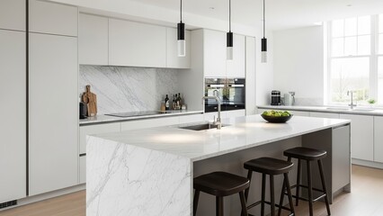 Modern Kitchen Island with White Marble Countertop and Stools