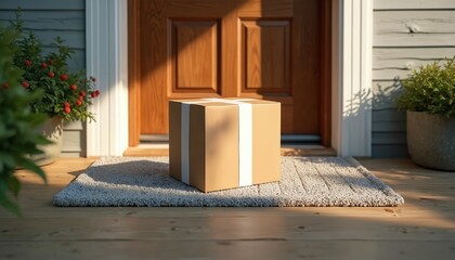 Naklejka premium Cardboard box sits on a welcome mat outside a wooden front door. Package delivery indicates online shopping and e-commerce fulfillment, arriving at a house.