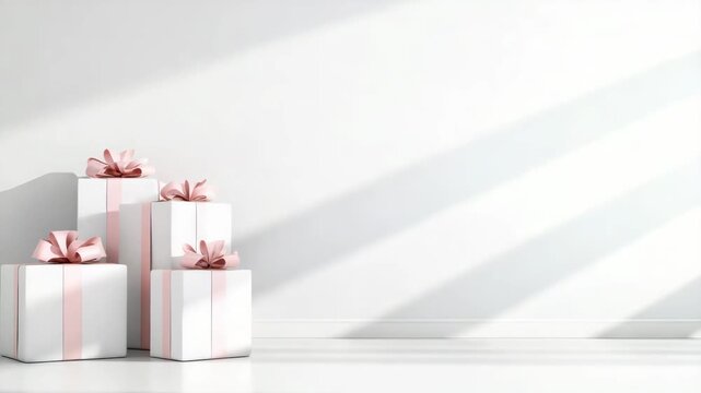 Elegant white gift box with pink ribbon and bow clean minimal floor, soft light and calm celebration