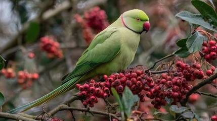 Parrot on branch with berries