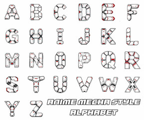 Complete alphabet in anime mecha style. Futuristic font with white panels, black outlines, and red accents. Isolated on a white background.