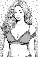 Black and white line art of a peaceful woman with wavy hair in lingerie, eyes closed, set in a snowy outdoor winter scene ideal for adult coloring books or fashion themes.