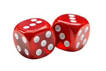 Two red dice, displaying sixes, on a dark background