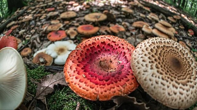 Mushroom marvel: A vibrant collection of forest fungi captured in natural light
