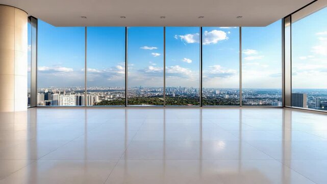 Spacious empty highrise interior with panoramic floor to ceiling city skyline view and bright