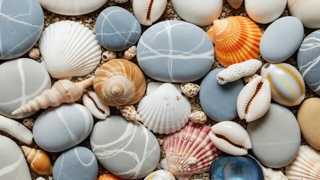 Assortment of natural seashells and smooth beach pebbles arranged on sandy shore background for a coastal theme.