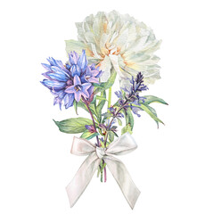 Watercolor blue wildflower bellflower and lungwort flower isolated on white background. Hand-drawn spring and summer milk peony. Clipart with bouquet for sticker florist or wrapping and wallpaper