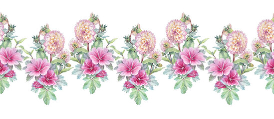 Watercolor pink seamless border with bouquet flower Dahlia and Malva on white background. Hand-drawn summer floral plant for decor. Art rim for wedding celebration card. Wallpaper or wrapping
