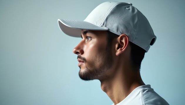 Profile view of man wearing simple white baseball cap. Clean modern design cap with subtle stitching detail visible. Plain background focuses on headwear texture, minimalist style. Versatile