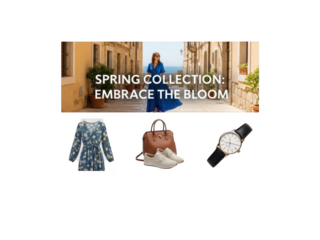 Spring collection featuring a dress, handbag, and watch with a woman walking in a courtyard isolated on transparent background