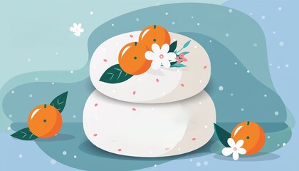 鏡餅　鏡餅（かがみもち）とは、お正月に年神様（としがみさま）をお迎えし、豊作や健康、家族の繁栄を祈るために飾る、大小2段に重ねた丸いお餅