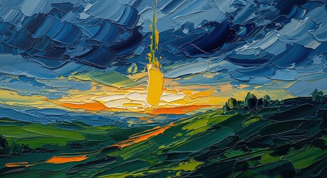 Vibrant sunset over rolling green hills with dark stormy clouds