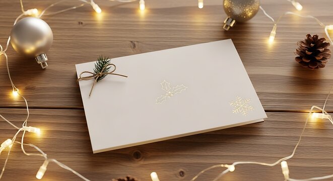 Holiday Greetings with Rustic Charm: A festive scene, showcasing a blank card adorned with delicate floral and ribbon accents, resting amidst twinkling fairy lights. - Powered by Adobe