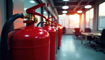 Gas fire suppression system activation in office, close-up view, protection, system activation